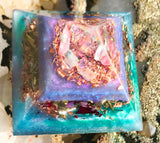 Orgonite crystal pyramid made with rose quartz, larimar, ajoite, pink tourmaline and chrysocolla