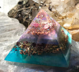 Orgonite crystal pyramid made with rose quartz, larimar, ajoite, pink tourmaline, chrysocolla, and copper