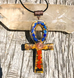 Red, blue, and yellow Shungite Orgone Ankh Necklace with Lapis Lazuli