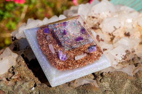 Violet Flame Orgone Celestite Pyramid | Meditation Altar Crystal Pyramid | Crown and Third Eye Chakra Crystals